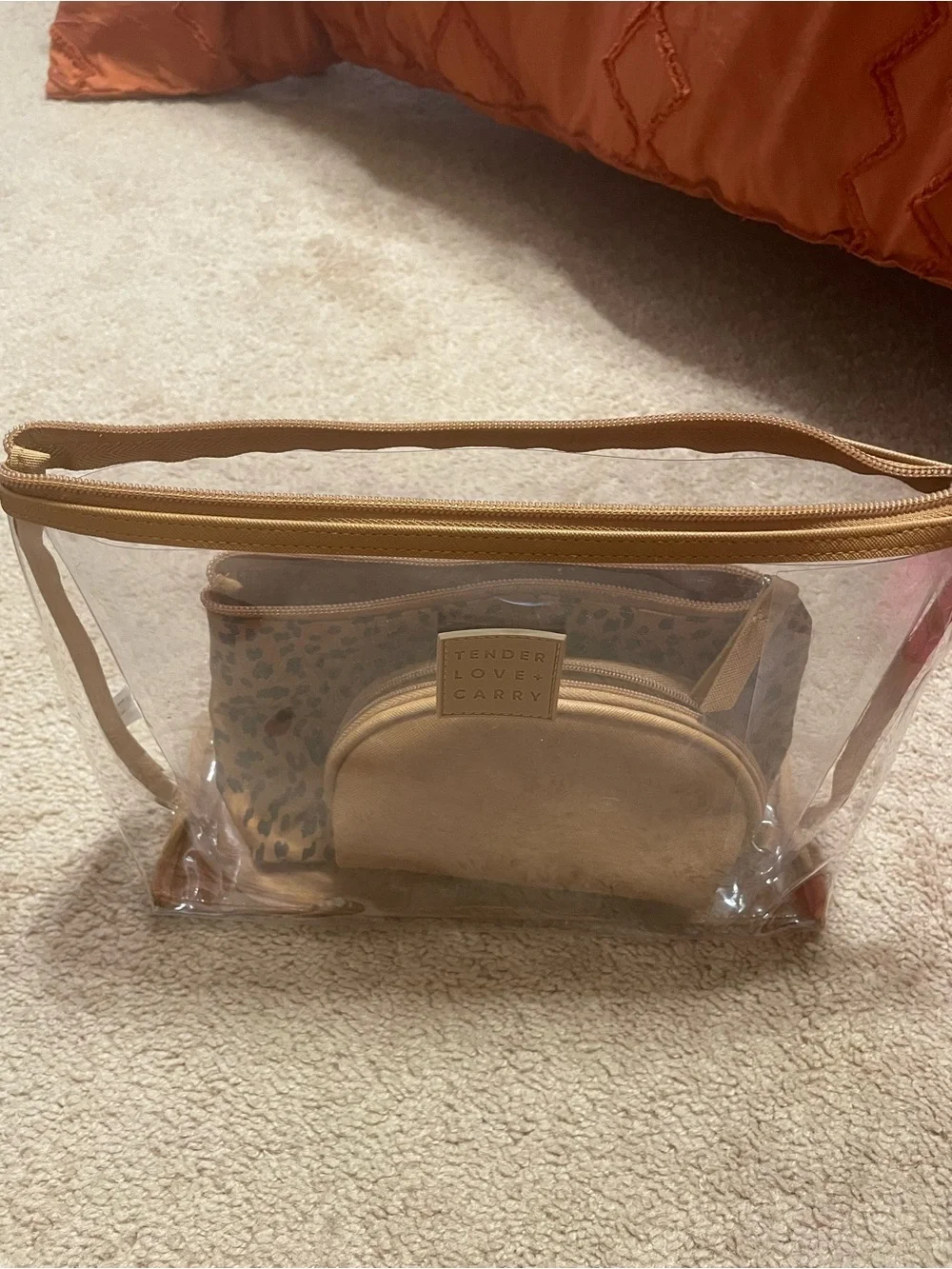 Clear Cosmetic Travel Case with Tan Pouches - Set of 3